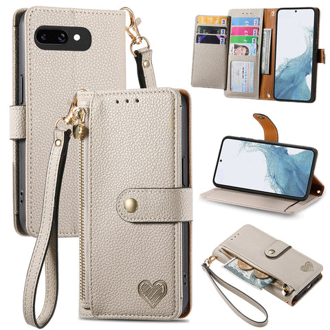 For Google Pixel 9a Case RFID Blocking Zipper Pocket Leather Wallet Phone Cover with Strap