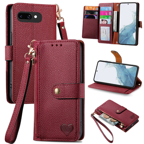 For Google Pixel 9a Case RFID Blocking Zipper Pocket Leather Wallet Phone Cover with Strap