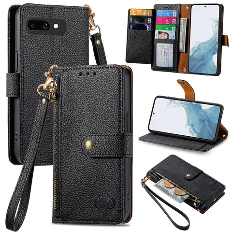 For Google Pixel 9a Case RFID Blocking Zipper Pocket Leather Wallet Phone Cover with Strap