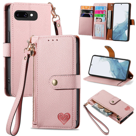 For Google Pixel 9a Case RFID Blocking Zipper Pocket Leather Wallet Phone Cover with Strap