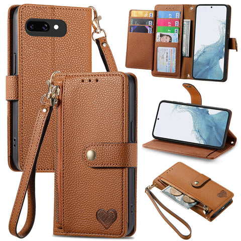 For Google Pixel 9a Case RFID Blocking Zipper Pocket Leather Wallet Phone Cover with Strap