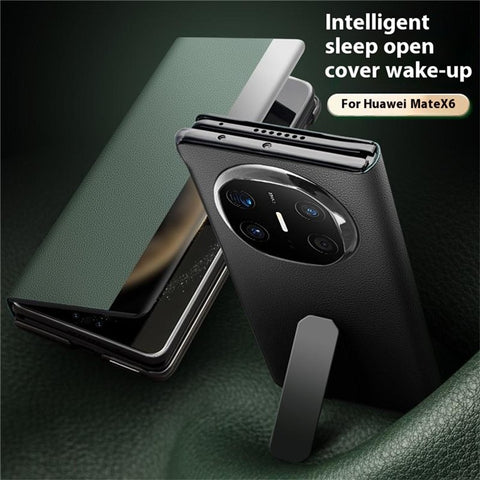 QIALINO For Huawei Mate X6 Case Genuine Cow Leather Kickstand Phone Cover with View Window