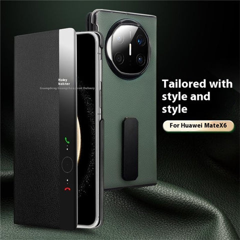 QIALINO For Huawei Mate X6 Case Genuine Cow Leather Kickstand Phone Cover with View Window