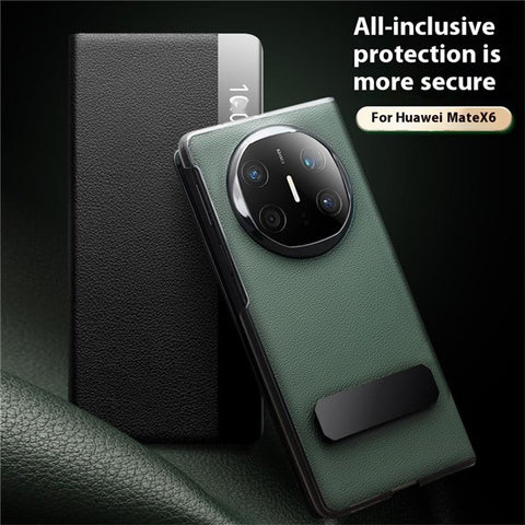 QIALINO For Huawei Mate X6 Case Genuine Cow Leather Kickstand Phone Cover with View Window