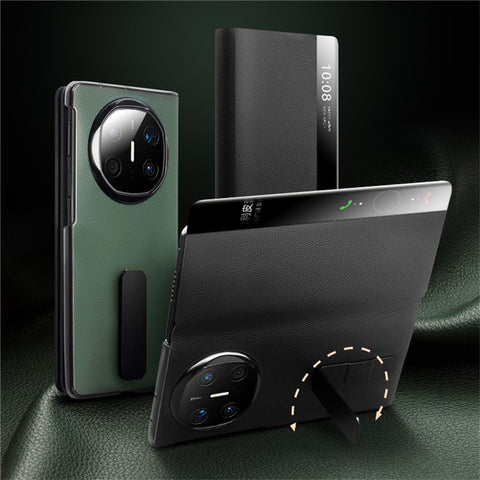 QIALINO For Huawei Mate X6 Case Genuine Cow Leather Kickstand Phone Cover with View Window