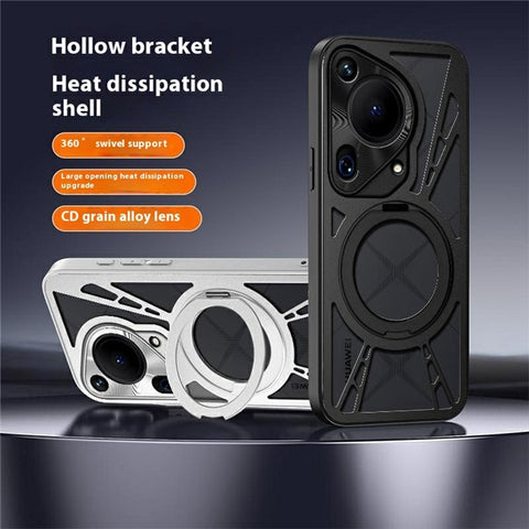 For Huawei Pura 70 Ultra Case Magnetic Kickstand Hollow Heat Dissipation Silicone + PC + Metal Bumper Phone Cover