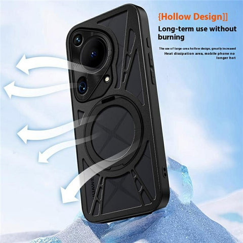For Huawei Pura 70 Ultra Case Magnetic Kickstand Hollow Heat Dissipation Silicone + PC + Metal Bumper Phone Cover