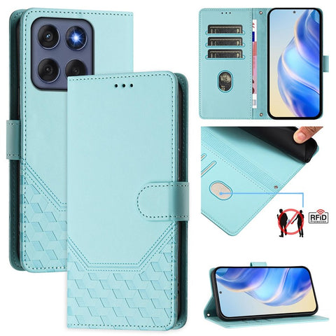 For Motorola Edge 60 5G / 60 Fusion 5G Case Imprinted Honeycomb RFID Blocking Leather Phone Cover with Strap