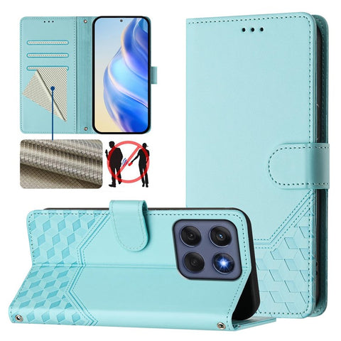 For Motorola Edge 60 5G / 60 Fusion 5G Case Imprinted Honeycomb RFID Blocking Leather Phone Cover with Strap