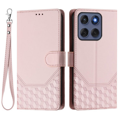 For Motorola Edge 60 5G / 60 Fusion 5G Case Imprinted Honeycomb RFID Blocking Leather Phone Cover with Strap