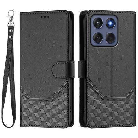 For Motorola Edge 60 5G / 60 Fusion 5G Case Imprinted Honeycomb RFID Blocking Leather Phone Cover with Strap