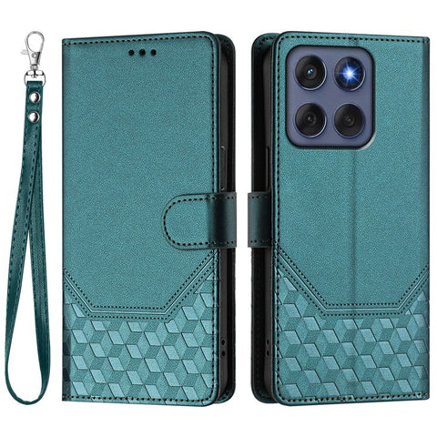 For Motorola Edge 60 5G / 60 Fusion 5G Case Imprinted Honeycomb RFID Blocking Leather Phone Cover with Strap