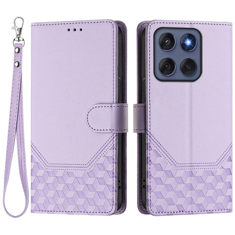 For Motorola Edge 60 5G / 60 Fusion 5G Case Imprinted Honeycomb RFID Blocking Leather Phone Cover with Strap