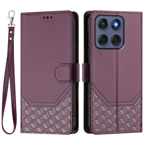 For Motorola Edge 60 5G / 60 Fusion 5G Case Imprinted Honeycomb RFID Blocking Leather Phone Cover with Strap