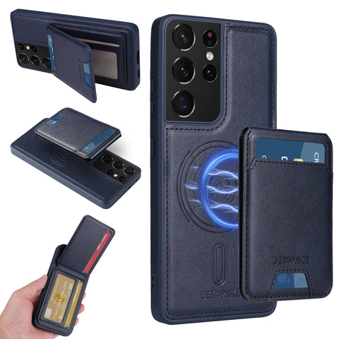 For Samsung Galaxy S21 Ultra 5G Magnetic Case BETOPNICE RFID Blocking Leather Phone Back Cover with Detachable Card Bag