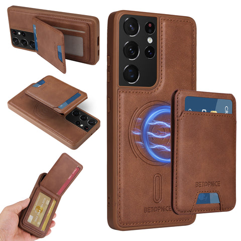 For Samsung Galaxy S21 Ultra 5G Magnetic Case BETOPNICE RFID Blocking Leather Phone Back Cover with Detachable Card Bag