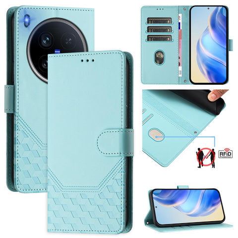 For vivo X200 Ultra 5G Case Imprinted Honeycomb RFID Blocking Leather Phone Cover with Strap