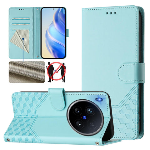 For vivo X200 Ultra 5G Case Imprinted Honeycomb RFID Blocking Leather Phone Cover with Strap