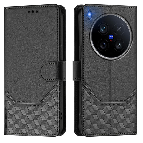 For vivo X200 Ultra 5G Case Imprinted Honeycomb RFID Blocking Leather Phone Cover with Strap