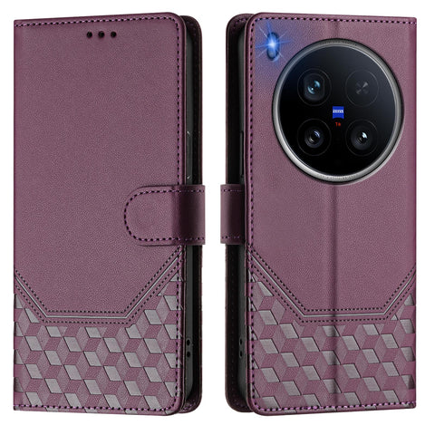 For vivo X200 Ultra 5G Case Imprinted Honeycomb RFID Blocking Leather Phone Cover with Strap