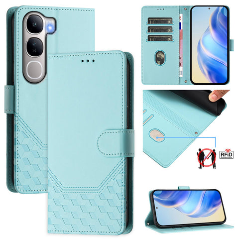For vivo V40 Lite 5G / vivo Y300 5G Case Imprinted Honeycomb RFID Blocking Leather Phone Cover with Strap
