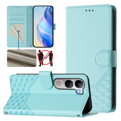 For vivo V40 Lite 5G / vivo Y300 5G Case Imprinted Honeycomb RFID Blocking Leather Phone Cover with Strap