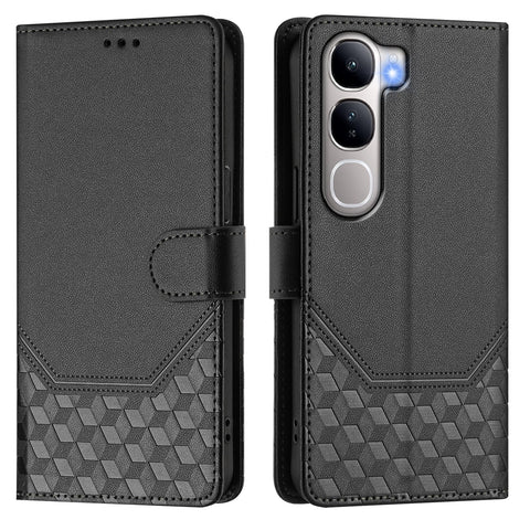 For vivo V40 Lite 5G / vivo Y300 5G Case Imprinted Honeycomb RFID Blocking Leather Phone Cover with Strap