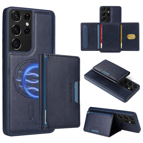 For Samsung Galaxy S21 Ultra 5G Magnetic Case BETOPNICE Leather Phone Cover Kickstand with Detachable Card Bag