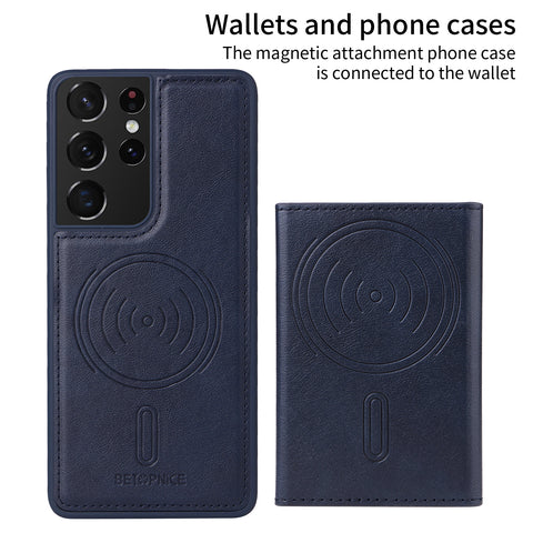 For Samsung Galaxy S21 Ultra 5G Magnetic Case BETOPNICE Leather Phone Cover Kickstand with Detachable Card Bag