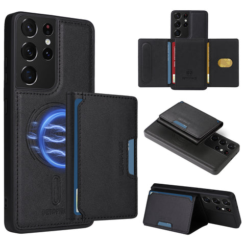 For Samsung Galaxy S21 Ultra 5G Magnetic Case BETOPNICE Leather Phone Cover Kickstand with Detachable Card Bag
