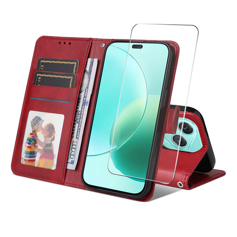 ENKAY HAT PRINCE For Honor 400 Lite 5G PU Leather Wallet Case   Phone Stand Cover with Tempered Glass