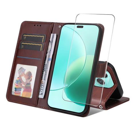 ENKAY HAT PRINCE For Honor 400 Lite 5G PU Leather Wallet Case   Phone Stand Cover with Tempered Glass