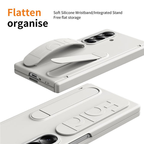 For Samsung Galaxy Z Fold7 5G Kickstand Case Hard PC Phone Cover with Silicone Wristband and Tempered Glass Film