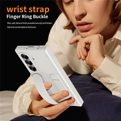 For Samsung Galaxy Z Fold7 5G Kickstand Case Hard PC Phone Cover with Silicone Wristband and Tempered Glass Film