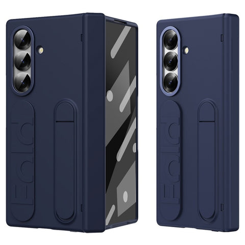 For Samsung Galaxy Z Fold7 5G Kickstand Case Hard PC Phone Cover with Silicone Wristband and Tempered Glass Film
