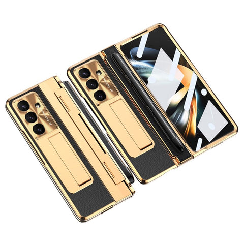 For Samsung Galaxy Z Fold7 5G Case Kickstand Leather + PC Phone Cover with Tempered Glass Film / Stylus