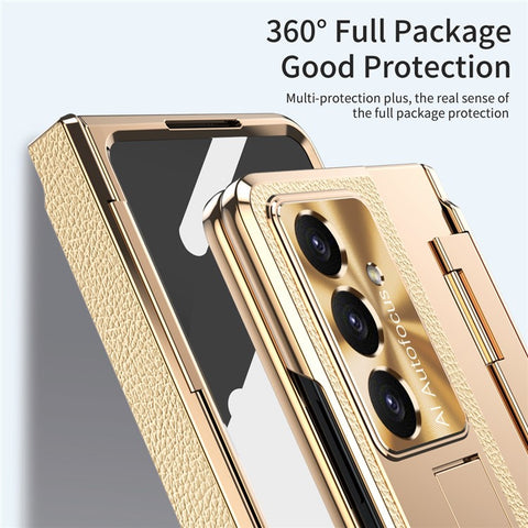 For Samsung Galaxy Z Fold7 5G Case Kickstand Leather + PC Phone Cover with Tempered Glass Film / Stylus