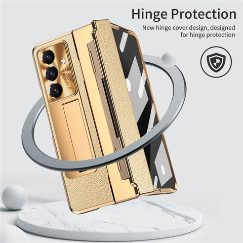 For Samsung Galaxy Z Fold7 5G Case Kickstand Leather + PC Phone Cover with Tempered Glass Film / Stylus