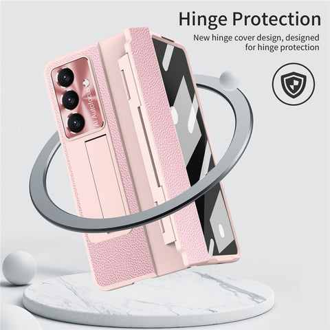For Samsung Galaxy Z Fold7 5G Case Kickstand Leather + PC Phone Cover with Tempered Glass Film / Stylus