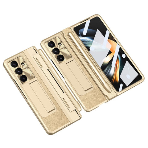 For Samsung Galaxy Z Fold7 5G Case Kickstand Leather + PC Phone Cover with Tempered Glass Film / Stylus