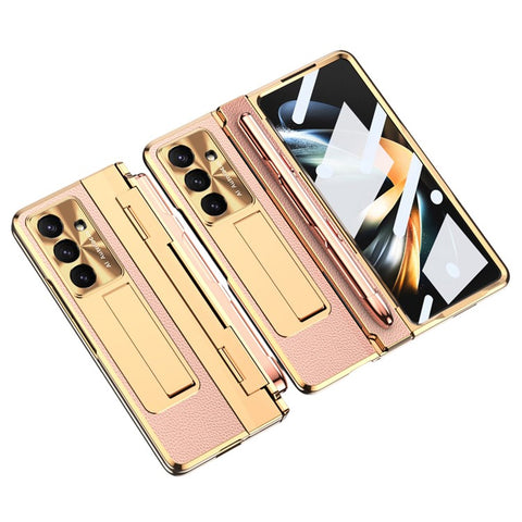 For Samsung Galaxy Z Fold7 5G Case Kickstand Leather + PC Phone Cover with Tempered Glass Film / Stylus