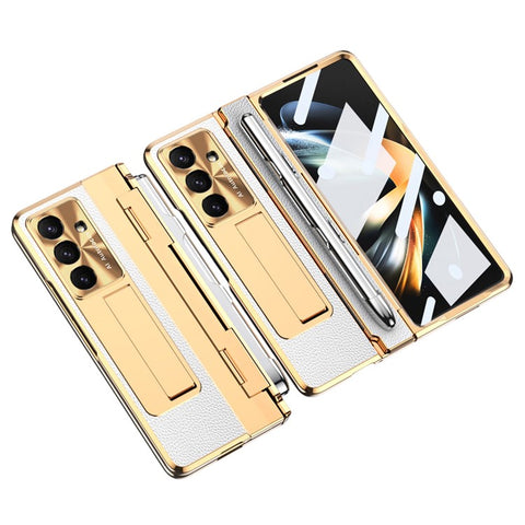 For Samsung Galaxy Z Fold7 5G Case Kickstand Leather + PC Phone Cover with Tempered Glass Film / Stylus