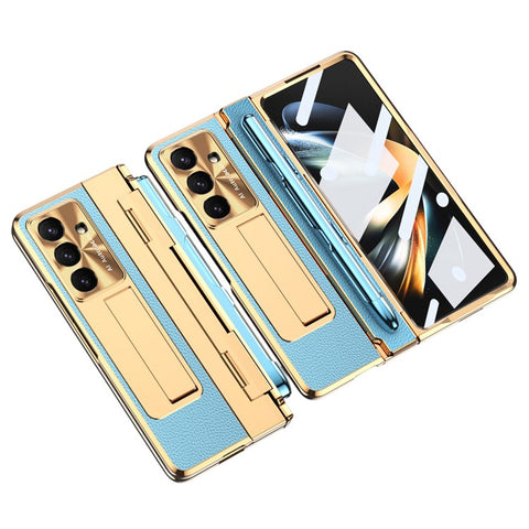 For Samsung Galaxy Z Fold7 5G Case Kickstand Leather + PC Phone Cover with Tempered Glass Film / Stylus