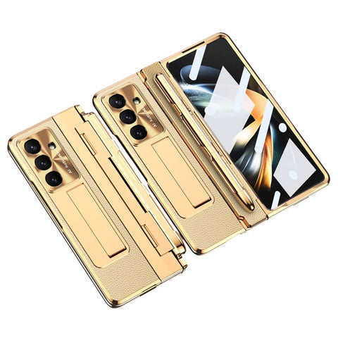 For Samsung Galaxy Z Fold7 5G Case Kickstand Leather + PC Phone Cover with Tempered Glass Film / Stylus