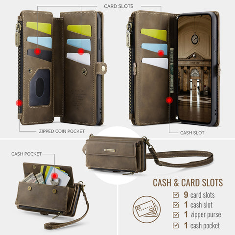 CASEME For iPhone 7 4.7 inch / iPhone 8 4.7 inch / iPhone SE (2020) / iPhone SE (2022) / iPhone 6 4.7-inch Case  C39 RFID Blocking Zipper Wallet Stand Leather Cover with Strap