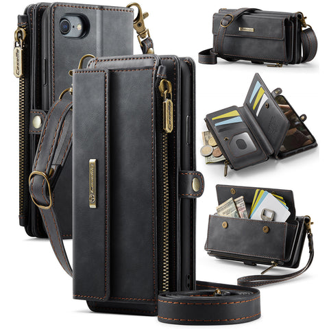 CASEME For iPhone 7 4.7 inch / iPhone 8 4.7 inch / iPhone SE (2020) / iPhone SE (2022) / iPhone 6 4.7-inch Case  C39 RFID Blocking Zipper Wallet Stand Leather Cover with Strap
