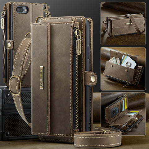 CASEME For iPhone 7 Plus 5.5 inch / iPhone 8 Plus 5.5 inch / iPhone 6 Plus 5.5 inch Case  C39 RFID Blocking Zipper Wallet Stand Leather Cover with Strap
