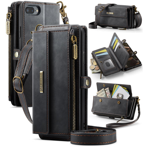 CASEME For iPhone 7 Plus 5.5 inch / iPhone 8 Plus 5.5 inch / iPhone 6 Plus 5.5 inch Case  C39 RFID Blocking Zipper Wallet Stand Leather Cover with Strap