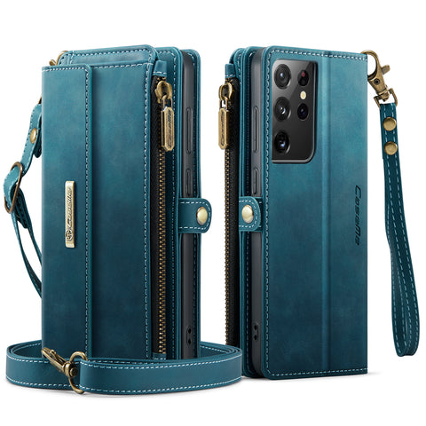 For Samsung Galaxy S21 Ultra 5G Case CASEME C39 RFID Blocking Zipper Wallet Stand Leather Cover with Strap