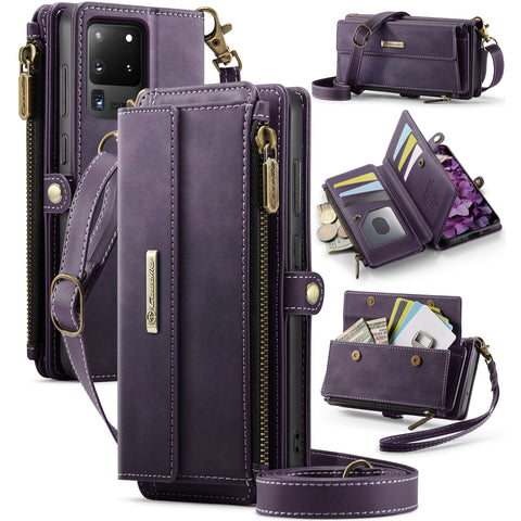 CASEME For Samsung Galaxy S20 Ultra Case  C39 RFID Blocking Zipper Wallet Stand Leather Cover with Strap